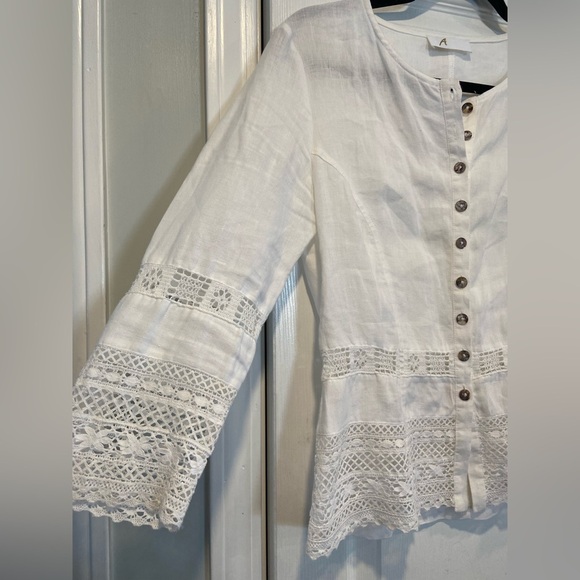 Basset Size S White Linen Lace Fitted Stone Button Front 3/4 Sleeve Top Germany - Picture 6 of 11